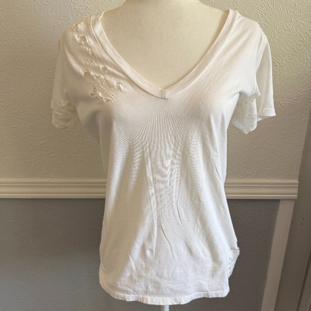 Drifter White Distressed V-Neck Tee | Size Small